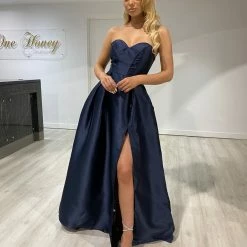 Honey Couture MAGDELINA Navy Blue Strapless Ballgown Formal Dress NEW ARRIVALS