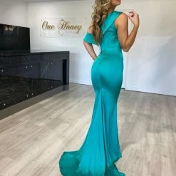 Honey Couture MEL Teal Green One Shoulder Frilly Satin Mermaid Gown