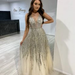 Honey Couture VIANNE Champagne Gold Glitter Tulle Formal Dress