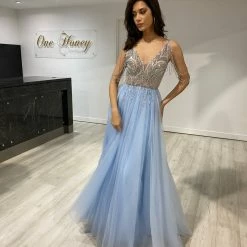 NEW ARRIVALS Honey Couture DEBBIE Blue Beaded Tulle Skirt Formal Dress
