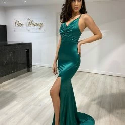 Honey Couture RAYNE Emerald Green Silky Knot Feature Mermaid Formal Dress NEW ARRIVALS