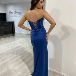 NEW ARRIVALS Honey Couture TYRA Soft Navy Blue Corset Bustier Leg Split Formal Dress