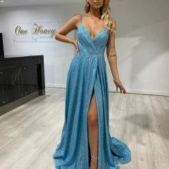 Honey Couture RAGINA Baby Blue Sparkle Glitter Formal Dress