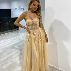 Honey Couture BLOOM Champagne Bustier Lace Applique Tulle Formal Dress