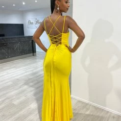 Honey Couture SOLANGE Neon Yellow Corset Ruched Formal Gown Dress