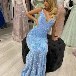 Honey Couture CASSIDY Baby Blue Sequin Low Back Formal Dress