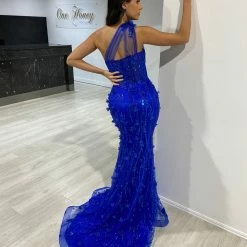 NEW ARRIVALS Honey Couture AMINA Royal Blue One Shoulder Glitter Mermaid Formal Dress