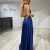 Honey Couture PERRY Navy Blue Lace Up Silky Formal Gown Dress