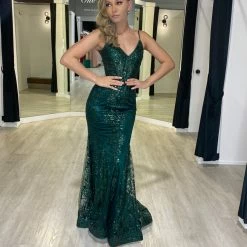 Honey Couture CAROLE Emerald Green Sequin Corset Mermaid Formal Gown Dress