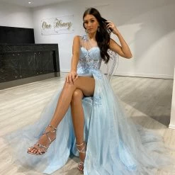 Honey Couture LUCIA Baby Blue Sheer Bustier Corset Tulle Formal Gown