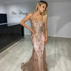 NEW ARRIVALS Honey Couture CAROLE Rose Gold Sequin Corset Mermaid Formal Gown Dress