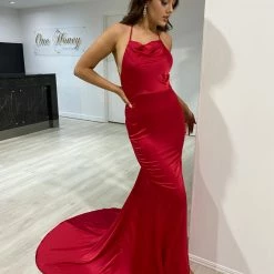 Honey Couture CANDICE Red Silky Low Back Mermaid Formal Dress