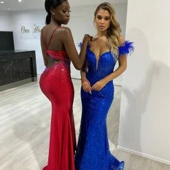 Honey Couture DRAMAH Royal Blue Sequin Feather Corset Mermaid Formal Gown Dress NEW ARRIVALS