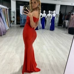 Honey Couture ADELE Red Off Shoulder Formal Dress