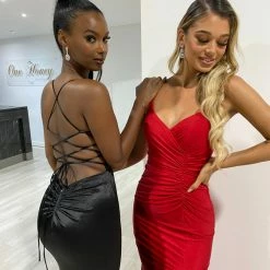 Honey Couture JALI Black Lace Back Silky Bum Ruching Formal Dress