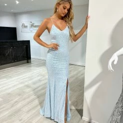 Honey Couture PIXIE Baby Blue Corset Lace Up Sequin Formal Dress