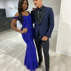 Honey Couture BLAIR Electric Blue Sequin Off Shoulder Formal Gala Dress NEW ARRIVALS