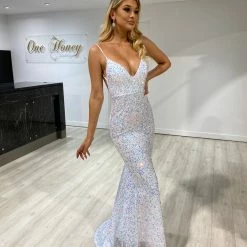 Honey Couture JULES White Low Back Sequin Mermaid Evening Gown Dress NEW ARRIVALS