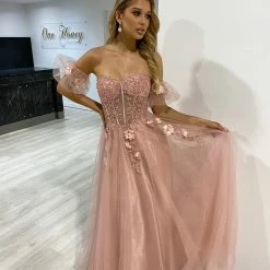 Honey Couture BLOOM Blush Pink Bustier Lace Applique Tulle Formal Dress