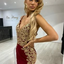 Honey Couture DIANNA Burgundy & Gold Lace Mesh Insert Mermaid Formal Dress NEW ARRIVALS 15 Honey Couture DIANNA Burgundy & Gold Lace Mesh Insert Mermaid Formal Dress NEW ARRIVALS
