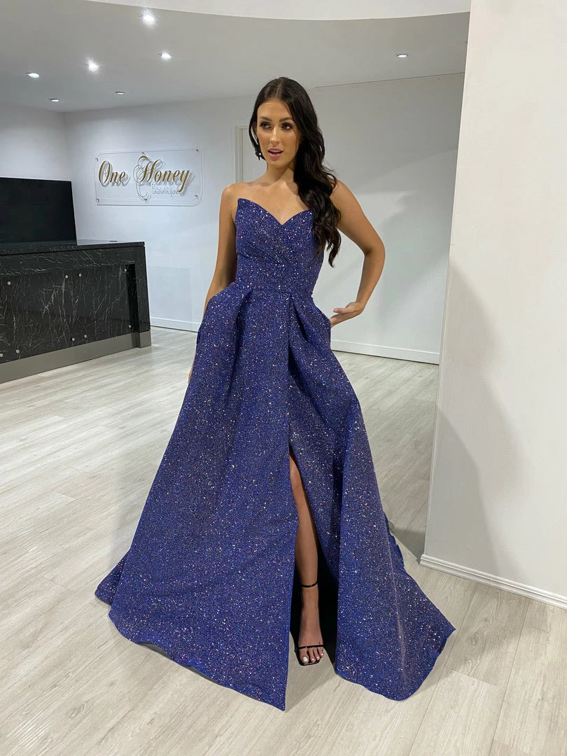 Honey Couture POLLY Royal Blue Glitter Shimmer Strapless Ballgown Formal Dress 6 Honey Couture POLLY Royal Blue Glitter Shimmer Strapless Ballgown Formal Dress