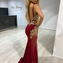 Honey Couture DIANNA Burgundy & Gold Lace Mesh Insert Mermaid Formal Dress NEW ARRIVALS