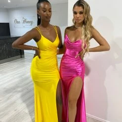 Honey Couture SOLANGE Neon Yellow Corset Ruched Formal Gown Dress
