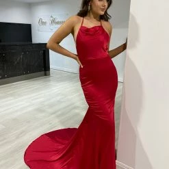 Honey Couture CANDICE Red Silky Low Back Mermaid Formal Dress 11 Honey Couture CANDICE Red Silky Low Back Mermaid Formal Dress
