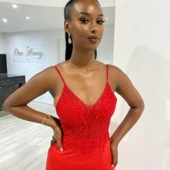 NEW ARRIVALS Honey Couture MIREN Red Lace Applique Mermaid Formal Dress