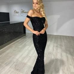 NEW ARRIVALS Honey Couture BLAIR Black Sequin Off Shoulder Formal Gala Dress