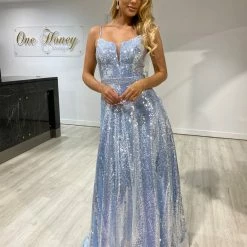 Honey Couture LAURA Baby Blue Sequin Corset Back Ballgown Formal Dress NEW ARRIVALS