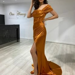 Honey Couture ESMERELDA Burnt Orange Off Shoulder Corset Bustier Formal Dress