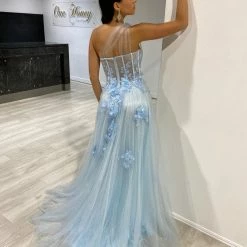 Honey Couture LUCIA Baby Blue Sheer Bustier Corset Tulle Formal Gown