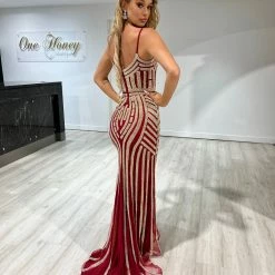 Honey Couture DIAMONDS Red Sequin Mermaid Formal Gown Dress