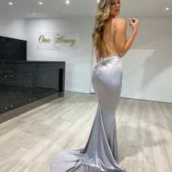 Honey Couture MILEE Silver Grey Low Back Mermaid Evening Gown Dress NEW ARRIVALS