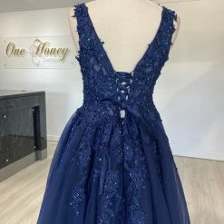 Honey Couture Made To Your Measurements NEW ARRIVALS Honey Couture TIHANA Deep V Front Beaded Tulle Skirt Formal Dress