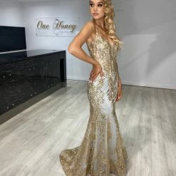 Honey Couture CAROLE Gold Mist Sequin Corset Mermaid Formal Gown Dress NEW ARRIVALS