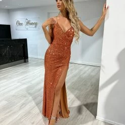 NEW ARRIVALS Honey Couture MARILYN Light Sienna Rust Sequin Corset Lace Up Formal Dress