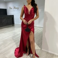 Honey Couture Made To Order Honey Couture SASHA Burgundy Satin Corset Leg Split Formal Dress