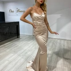 NEW ARRIVALS Honey Couture AZALIA Gold Silky Bustier Strapless Mermaid Formal Dress