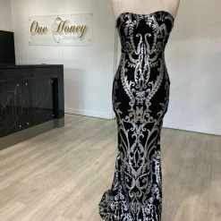 NEW ARRIVALS Honey Couture LA ROSA Silver Strapless Sequin Evening Gown Dress