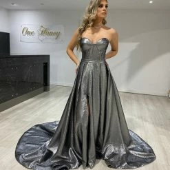 Honey Couture Made To Your Measurements Honey Couture DORIT Strapless Bustier W Over Skirt Metallic Fabric Formal Dress