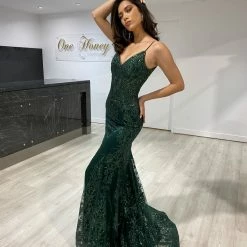 Honey Couture CAROLE Emerald Green Sequin Corset Mermaid Formal Gown Dress