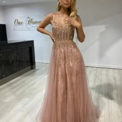 Honey Couture NORA Rose Gold Tulle Glitter Corset Formal Dress NEW ARRIVALS