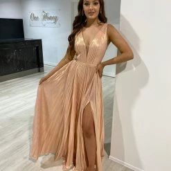 Honey Couture TRACEY Blush Pink Shimmer Pleated Formal Gown