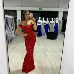NEW ARRIVALS Honey Couture BLAIR Red Sequin Off Shoulder Formal Gala Dress