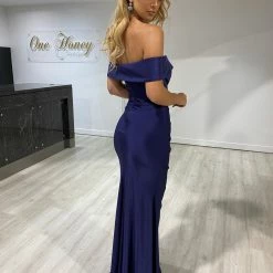 Honey Couture LAILA Navy Blue Off Shoulder Silky Formal Dress NEW ARRIVALS