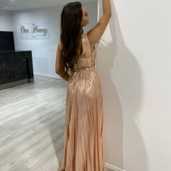 Honey Couture TRACEY Blush Pink Shimmer Pleated Formal Gown