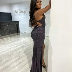 Honey Couture CRISTELLA Black Crystal Feature Mermaid Formal Gown