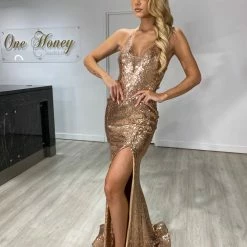 NEW ARRIVALS Honey Couture ASHLEY Gold Sequin W Lace Low Back Mermaid Formal Dress